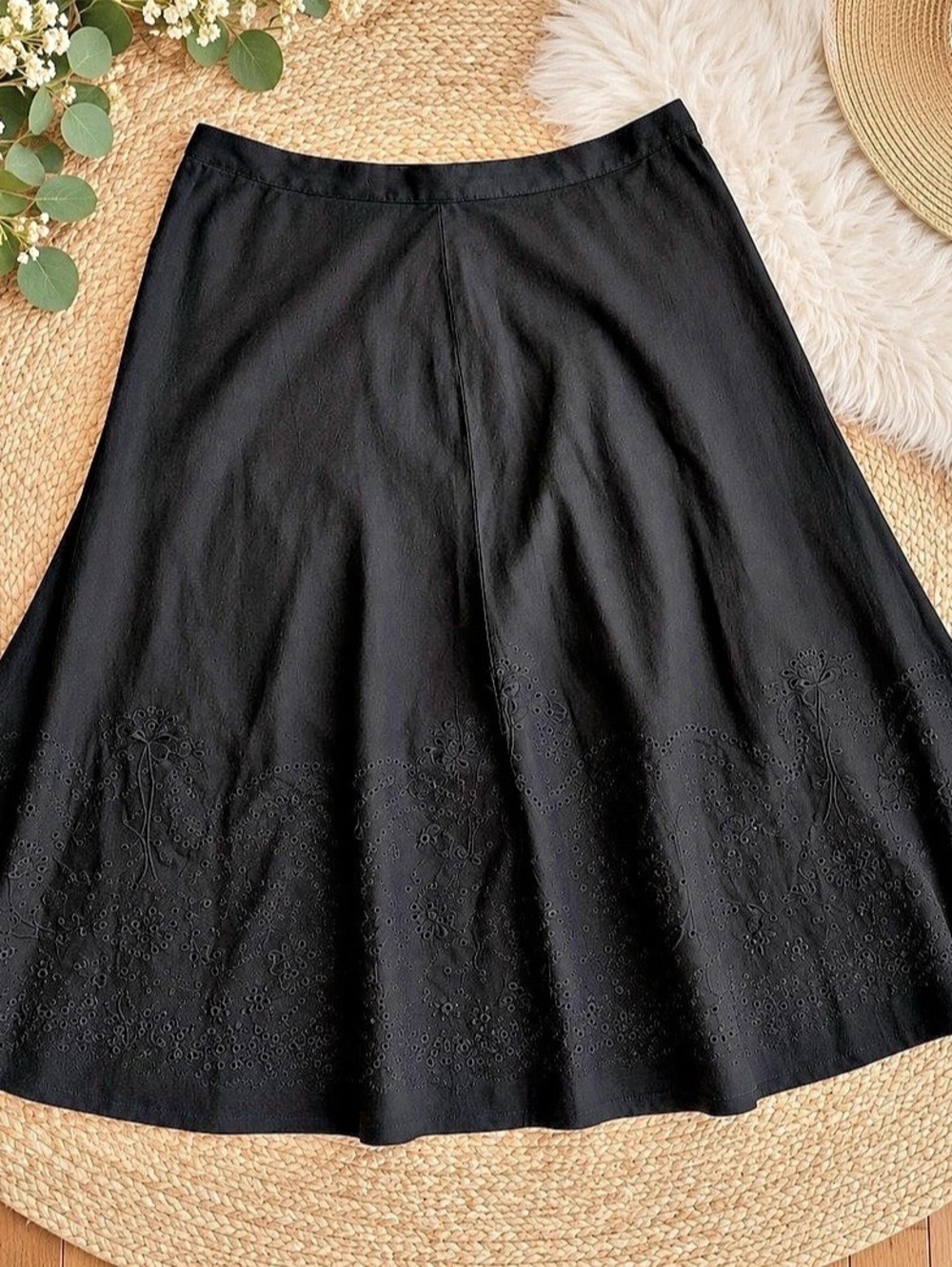 Lauren Ralph Lauren Black Eyelet Embroidered A-Line Skirt Linen Blend 18W